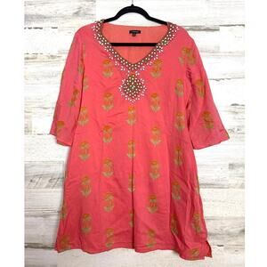J Peterman Womens S Coral Beaded Floral Tunic Top Lined Boho Blouse Dress